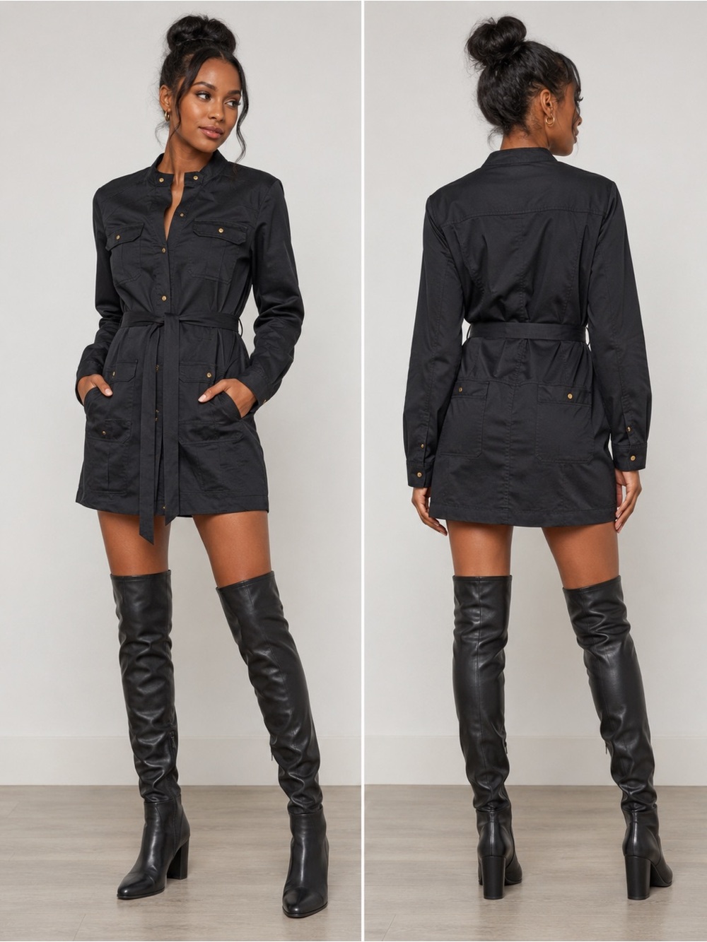 Diane von Furstenberg Black Utility Shirt Dress / Safari Dress – Size 10